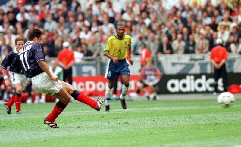 John Collins steps up to take the penalty that equalised for Scotland against Brazil in 1998