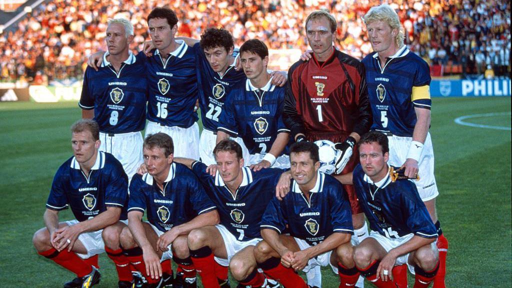 Scotland squad line up before the opening match of the 1998 FIFA World Cup against Brazil
